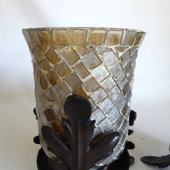 NEW 7.25” STAINED GLASS MOSAIC ART GLASS CAST IRON LEAF STANDS CANDLE HOLDER SET - Picture 4 of 13